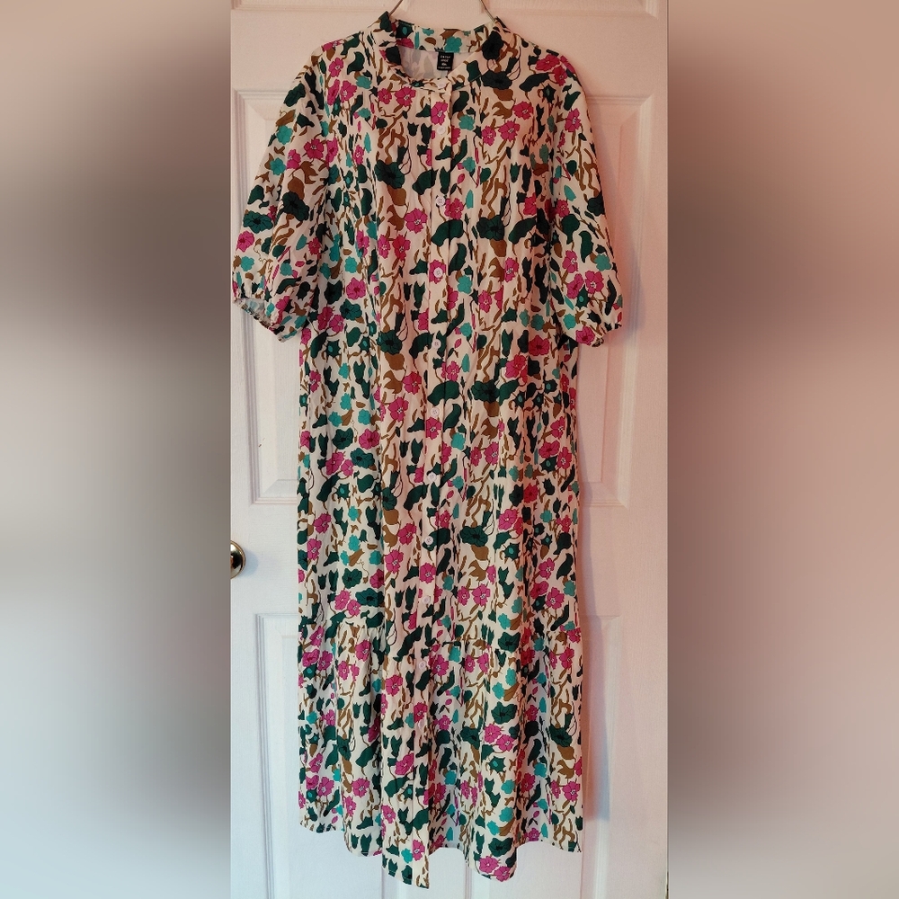 SHEIN Curve Plus Sz 0XL Floral Midi Short Sleeve Button Down Bohemian Dress .